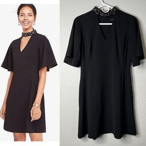 Ann Taylor Size 2 Beaded Neck Cutout Dress Black Flutter Sleeves Cocktail